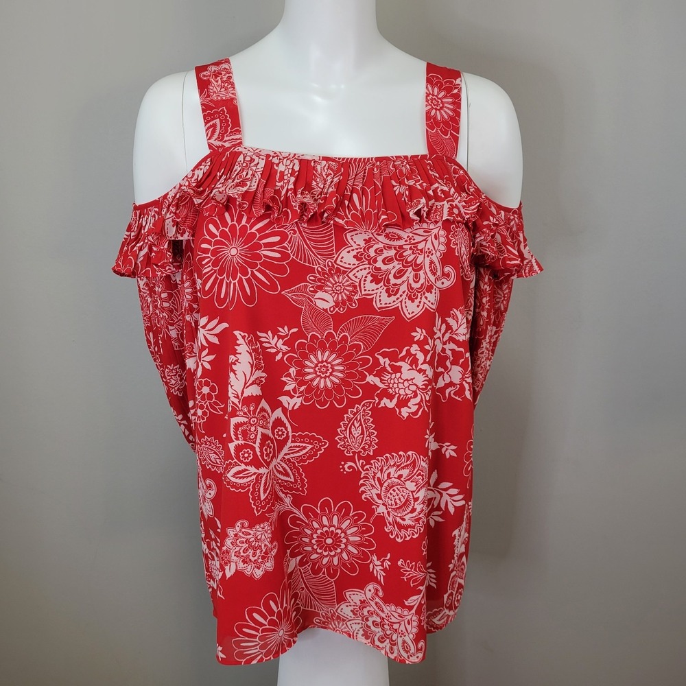 Roz & Ali Off Shoulder Red & White Floral Print Pleated Sleeve Lined Top Size M